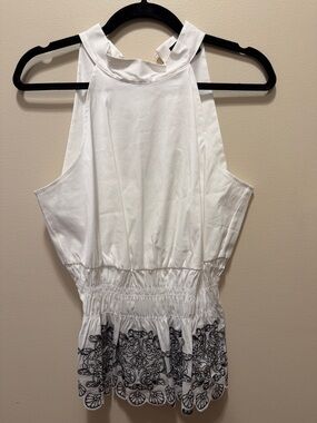 White House Black Market White Halter Top with Black Embroidered Hem